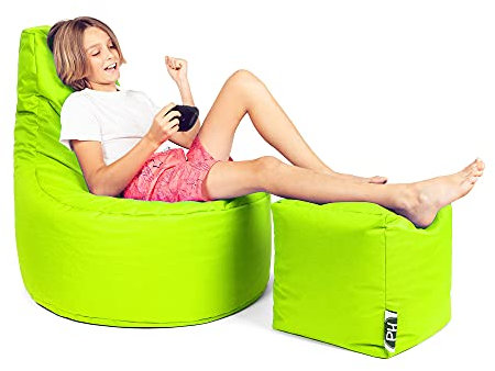 PATCH HOME Patchhome Gamer Kissen Lounge Kissen Sitzsack Sessel Sitzkissen Bean Bag + Würfel/Hocker mit Reißverschluss bereits befüllt (Neon Gelb, XXL - Ø80cm Sessel + 35x35cm Würfel)