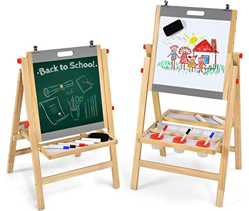 DREAMADE Doppelseitige Kindertafel aus Holz, höhenverstellbare 3 in 1 Kinder Spiel-Tafel, Whiteboard, Standtafel mit Zubehör, für Kinder ab 3 Jahren (Grau)