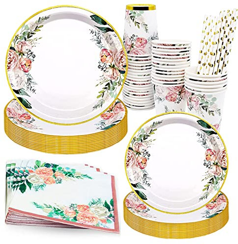 Bymivofun 125 piezas Vajilla de Cumpleaños con Flores, para 25 Invitados, Suministros de Papel para Fiestas de Cumpleaños Infantiles Florales, para Decoración de Fiestas Temáticas para Niños y Niñas