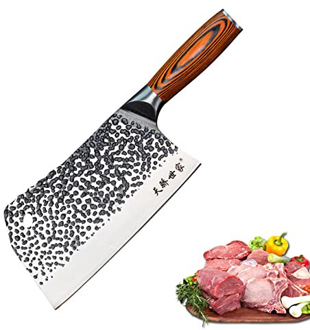TJ POP Cuchillo de Chef Chino, Cuchillo de Carnicero Profesional 19.4cm Cuchillo de Cocina Afilado con Diseño de Colmillo Completo, Hoja de Acero 50CR15 Espesor 3.5mm,Serie TJ SEGA TC19071