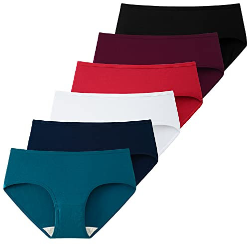 INNERSY Unterhosen Damen Baumwolle Frauen Unterwäsche Hipster Bequemer Pantys Slips 6er Pack (M/40 EU, 4 Dunkel/Weiß/Rot)