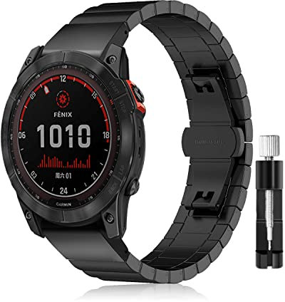 LanQii 26mm QuickFit Metall Armband für Garmin Tactix 8 51mm/Enduro 3/2/1/Descent Mk3i/Mk2i/Mk2/Mk1, Edelstahl Ersatzarmband für Garmin Fenix 8 51mm/7X Pro Solar/7X/6X/6X Pro/5X/5X Puls - Schwarz