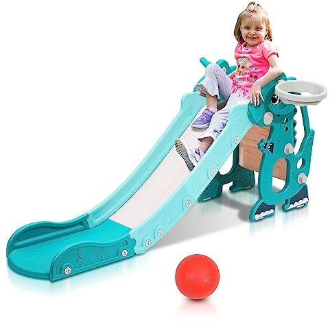 Jopassy Toboggan - Toboggan - Tour de jeu 4 en 1 avec toboggan - Cadre de basket-ball et machine d'apprentissage en anglais - Toboggan pour enfants à partir de 2 ans - Glissière amusante pour