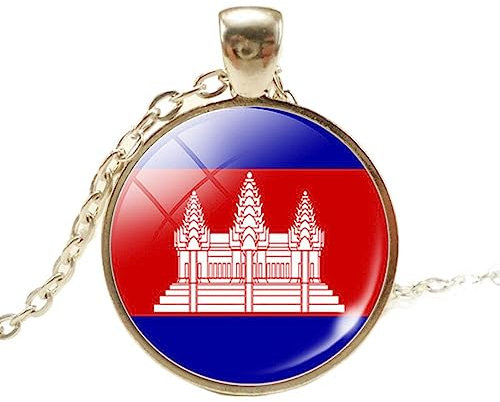 Anhänger-Halskette Für Männer Und Frauen, Kuppel-Cabochon-Anhänger-Halskette, Kambodscha-Flagge-Symbol-Logo-Halskette Für Herren Und Damen, Schmuck-Halskette, Geschenk, Gliederkette, Glas-Caboch