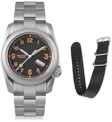BODERRY Montre militaire automatique en titane pour homme 40 mm Fonction jour Date Étanche jusqu'à 100 m Bracelet en titane Mouvement mécanique japonais et couronne vissée, Gris volcanique, Sports de