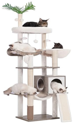 Heybly Hebly Wood Cat Tree for Indoor Cats, 61.4 inch Cat Condo for Large Cats with Self Groomer,Modern Cat Scratching Tower with Basket,Hammock,Dangling Ball and Leaves,Rustic Gray HCT120SG