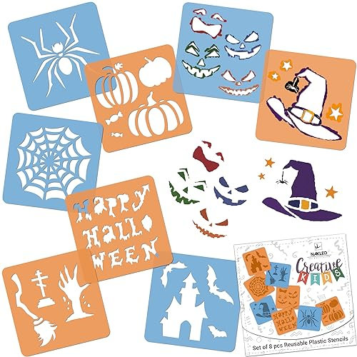 NAKLEO Schablonen Malen für Kinder, 8 Stück Set 15x15cm Halloween, Kinder Kreatives Zeichenschablonen, Kunststoff Wiederverwendbar Malschablone DIY Handwerk, Papier Wand Holz Stoff