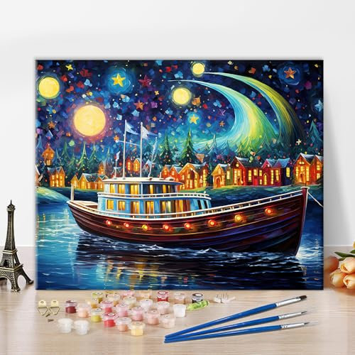 TISHIRON DIY Paint by Number Boat Paint by Numbers for Adults Beautiful Colorful Abstract Art Adult Paint by Numbers Kids on Canvas Starry Sky Paint by Numbers for Adults Beginner 16x20inch