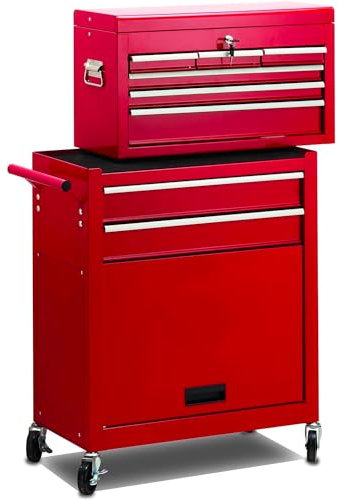 Avilia zerlegbarer Werkzeugwagen | Werkzeugwagen | abschließbare Fächer mit Schlüssel und 5 Schubladen | Wagen mit Koffer | Werkstattwagen aus Stahl 61,6 x 33 x 108,7 cm, rot