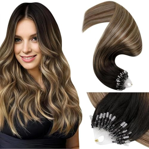 LaaVoo 60cm Microring Echthaar Extensions Ombre Braun Extensions Echthaar Micro Loop 1g/s Dunkelstes Braun Balayage Mittelbraun Aschblond Echthaar Extensions Mit Microring Glatt 50g/50s #2/6/18