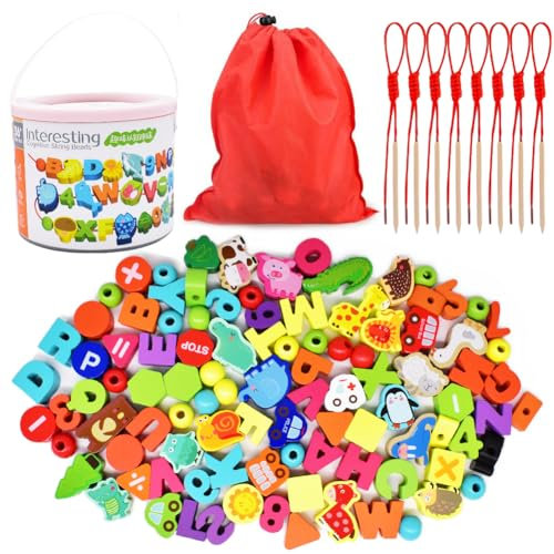 100 Stück Montessori Holzspielzeug FäDelspiel,Farbe Holzspielzeug Perlen Fädelspiel,Buchstabe Zahl Tier Perlen zum Auffädeln Lernspielzeug Holzspielzeug,Geschenk für 3 4 5 Jahr Jungen Kinder