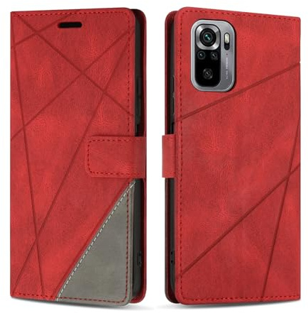SONWO Coque pour Redmi Note 10 4G / Redmi Note 10s, Protection Housse Etui en Cuir PU Portefeuille avec Emplacements Cartes et Fonction Support pour Redmi Note 10 4G / Redmi Note 10s, Rouge