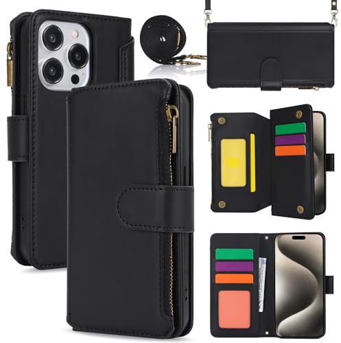 Wuhaizher iPhone 15 Pro Max Phone Case RFID Blocking Zipper Pocket Flip Shockproof Leather Folio Wallet Case with Stand 7 Card Holder Slots Silicone Zip Cover for iPhone 15 Pro Max, Black