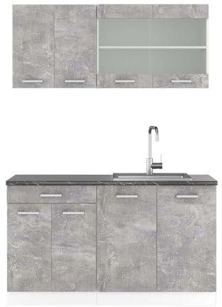 Vicco Singleküche R-Line, Küchenzeile Single, Beton/Weiß, 140 cm, AP Anthrazit