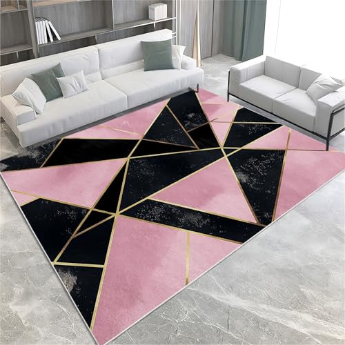 Tapis de Chambre 160x230cm Marbre Géométrique Rose Et Noir Tapis Salon Doux à Poils Courts, Tapis Antidérapant Tapis Lavable en Machine, Tapis de Plancher pour Intérieur Exterieur