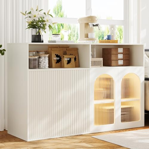 140 × 35 × 90 cm Aparador con puerta de cristal con luz LED independiente madera armario cocina hogar salón blanco