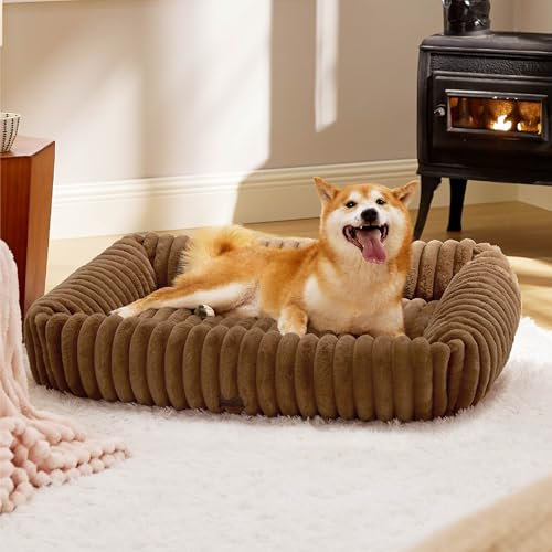 BEDSURE Hundebett Grosse Hunde orthopädisch, 91x68x20cm Cord Fleece waschbares Hundekorb, rutschfest Hunde bettchen mit hohem Rand, braun