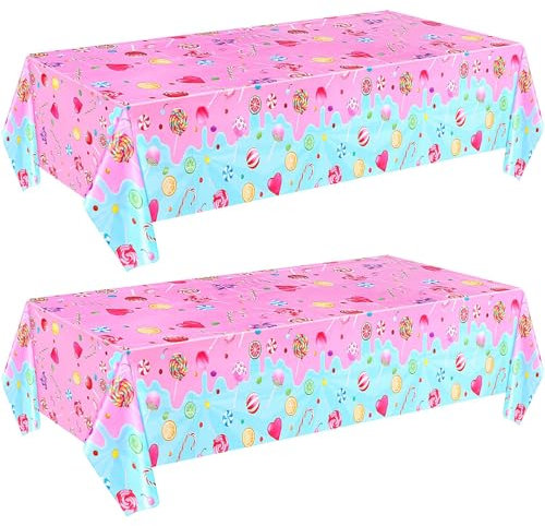 Calkkrer Pack of 2 colourful plastic tablecloths, pink party tablecloth with candy design, tablecloth for birthday, girls table decoration, children's wax tablecloth for baby shower