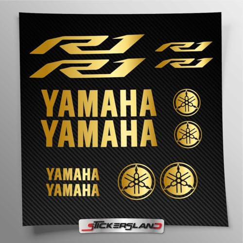 Kit adesivi compatibile con serbatoio e casco moto | Vinile Prespaziato FACILE APPLICAZIONE | scritte loghi | Stickersland® - R1 New dal 2015 al 2024 (Oro Metallizzato)
