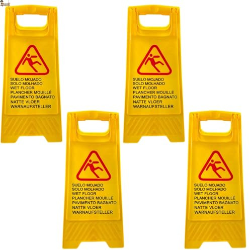 BricoLoco.com Cartel señal suelo mojado. ¡Pack 4 uds.! Advertencia peligro de suelo mojado, húmedo, fregado, deslizante o resbaladizo. Texto multilingüe en español más 6 idiomas (4)