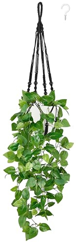Mkono Fake Hanging Plant with Pot, Artificial Plants for Home Decor Indoor Macrame Plant Hanger with Fake Vines Greenery for Bedroom Bathroom Kitchen Office Decor, Ivory (Pothos) (1, Black)