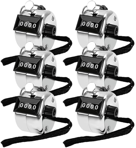 POXXU 6 Pack Clicker Counter,Metal Hand Tally Counters Clicker with Black Nylon Lanyard,4 Digit Display Pitch Counter for Knitting,Coaching,Golf,Lap,Fishing,Umpire,Baseball,Row Sport (Silver Color)