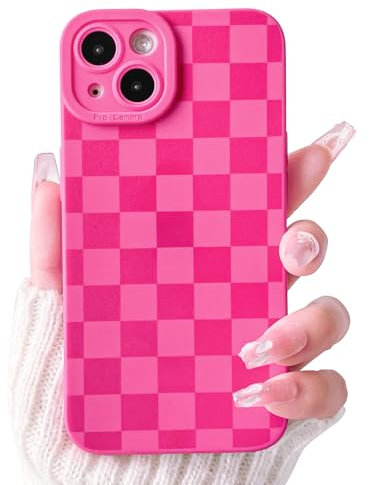 NITITOP Compatible with iPhone 13 Mini Case Cute Rose Red Checkerboard Checkered Aesthetic Pattern for Women Girl Lattice Plaid Soft TPU Shockproof Full Camera Protection Cover - Rose Red