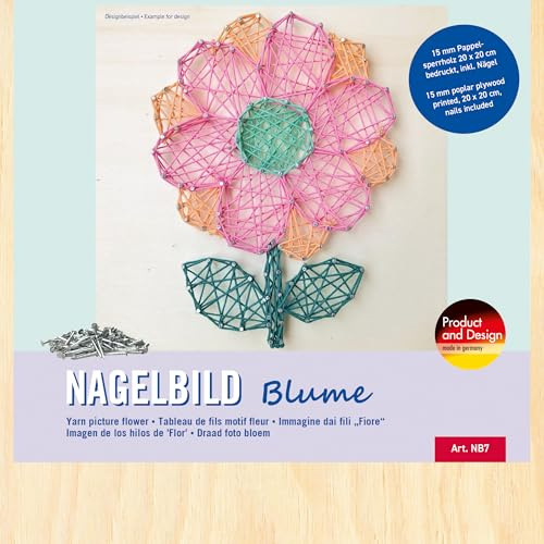 Pebaro NB7 Nagelbild Kreativ Set, Bastelset, Fadenbild, Fadenspannbild, String Art, mit vorgedrucktem Motiv Blume, inkl. Nägel, Basteln mit Holz, kreative Geschenkidee, Dekoartikel, 20 x 20 cm