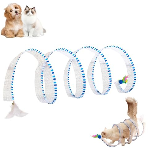 Katzentunnel Katzenspielzeug, Faltbar S Katzen Tunnel, Spirale Katzenangel mit Plüschmaus Glöckchen und Feder, Katzenspielzeug Interaktiv Spieltunnel für Alle Katzen Kaninchen (Blau)