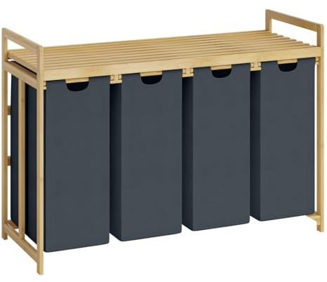 Bellamio Newa Wäschekorb 4 Fächer – Bambus Wäschesammler mit 1 Ablagefläche – 4x50 L Wäscheboxen – Wäschesortierer mit ausziehbaren & abnehmbaren Wäschesäcken in Dunkelgrau – Schmutzwäschebehälter