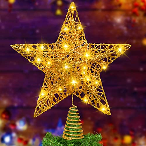 DTYDECLE Christmas Tree Topper Lighted, 11.4’’ Gold Glittered Xmas Hollow Star Treetop Toppers Ornaments with 20 LED Lights for Indoor Christmas Tree New Year Holiday Decorations