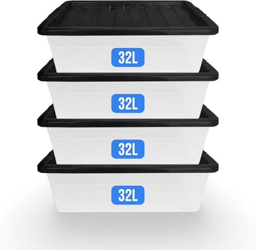 KAPCO Under Bed Storage – 32 Litre (4 Pack) – Long Plastic Storage Box with Black Lids – Sliding Design, Moisture-Resistant Container for Wardrobe Organiser, Shoes, or Extra Bedroom Storage | 32L