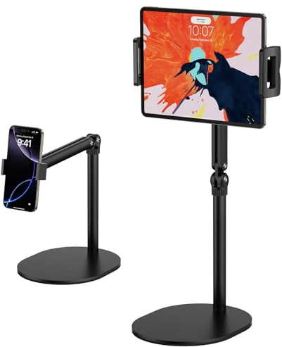 POLESTO Tablet Stand for Desk Height Adjustable Portable Monitor Holder with Foldable Arm, Heavy Base and Tablet/Phone Holder Compatible with iPad/iPhone/Kindle/Phones and More