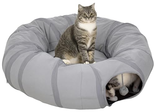 PawHut Tunnel pour Chat intérieur, Rond Tunnel avec lit Pliable avec Coussin, Trous pour balles et Judas, en Tissu suède Doux, Jeux interactifs pour Chatons, Chiots, Lapins et Petits Animaux, Gris