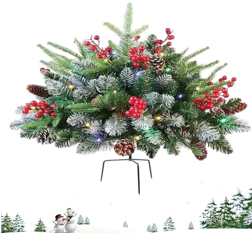 BommFu Prelit Künstlicher Weihnachtsbaum Übertopf-Füller | Vorgeleuchteter Kunst-Weihnachtsbaum Mit Zapfen Und Rote Beeren,Weihnachtsdekoration Mit 8 Modi Und Timer | Für Topf Blumenkasten Pflanzkübel