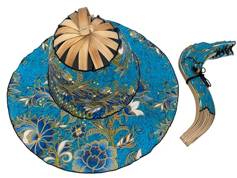 Oriental Style 2-in-1 Foldable Bamboo Fan Hat, Turquoise Blue with Gold Floral Pattern, Traditional Asian Design, Travel Accessory for Women