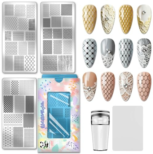 PH PandaHall 3pcs Geometric Grid Nail Stamping Plate Line Texture Nail Art Templates Rhombic Grid Nails Arts Stencils Nails Image Plates with Stamper and Scrapers for DIY Print Manicure Salon Design