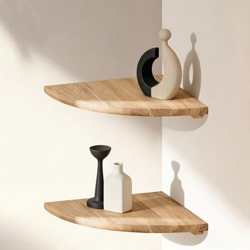 Plliocse Oak Corner Shelf Set of 2 Solid Floating Corner Shelf Wall Mounted Small Speaker Shelf With Wire Hole Shelves for Bedroom Kitchen (Oak)