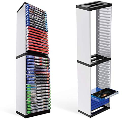 Videospiel Aufbewahrungsturm,Universeller Doppelschicht Disc Halter Einstellbarer Rack Lagerturm Vertikaler Blu-ray-Etui-Organizer mit 4 Controller Mounts für PS5/PS4/PS3/Xbox Series S & X/Xbox One