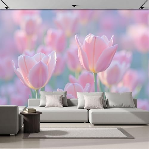 ZISTRCBAO Papier Peint Champs De Tulipes, Motif Papier Peint Panoramique Soie Fleurs Printanières Romantiques 300x210cm Wallpaper Pour Salon Chambre Deco Murale, Rose Pâle