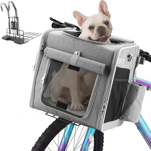 Eiito Panier de vélo avant pour chien avec support anti-basculement breveté | Panier de vélo sûr pour chien jusqu'à 10 kg, version améliorée, également comme sac à dos et sac de voiture | Panier de