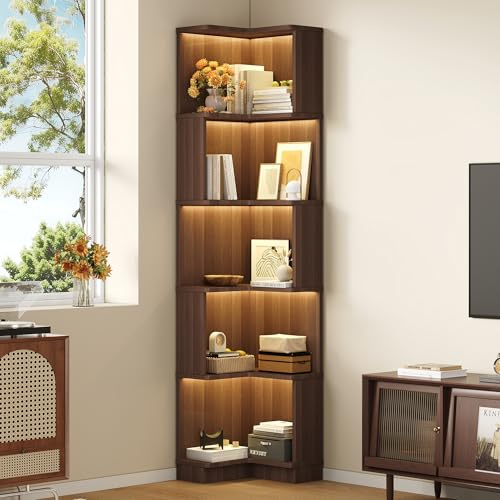 BTM Eckbücherregal mit LED-Lichtleiste Eckregal Holz Stehend Wohnzimmer Bücherregal Schmal, Braun 63.5 x 45 x 175cm