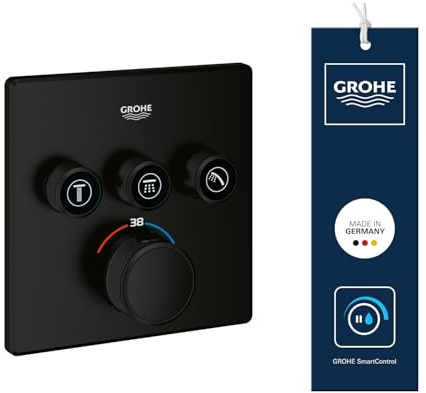 GROHE Grohtherm Smartcontrol, Duscharmatur Thermostat Unterputz (3 Absperrventile, ultraflaches Design, Wandrosette aus Metall, Fertigmontageset, ohne Rohbau-Set SmartBox) mattschwarz, 291262430