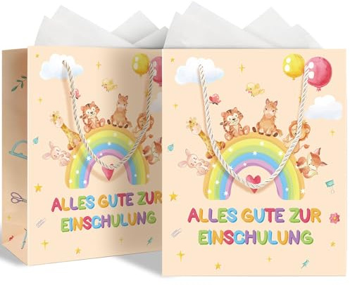2er Set Geschenktüte Einschulung Junge & Mädchen – Papiertüten mit Henkel & Seidenpapier – Alles Gute zur Einschulung + Hurra Schule Endlich Schulkind – Geschenkverpackung Schulanfang 21x10x25cm