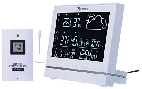 EMOS Funk Wetterstation mit Außensensor und Netzteil, 12 Funktionen: Thermometer, Hygrometer, Barometer, Wettervorhersage, Funkuhr mit Wecker