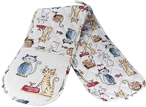 SPOTTED DOG GIFT COMPANY Gant de Four Double au Mignon Chat Imprimé, Résistant à la Chaleur Manique Cuisine avec Boucle Suspendue, 100% Coton, Idée Cadeau pour Amoureux des Chats 18x87cm