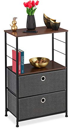 Relaxdays Schubladenschrank, 2 Stoff Schubfächer, Ablage, Platte in Holzoptik, Stahlbeine, HBT 85,5 x 55 x 30 cm, grau