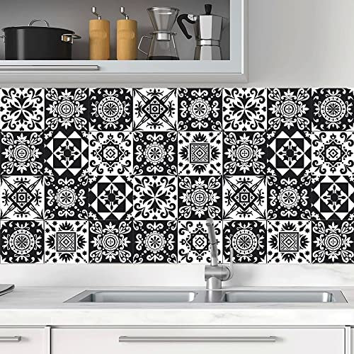 20pcs Black and White Tile Stickers, Kitchen Bathroom Wall Tile Stickers Peel and Stick on Tile Transfers Covers Decals Self Adhesive Vinyl Waterproof Moroccan Vintage Mosaic (15cm x 15cm, 6x6 inches)