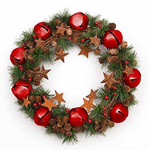 Ghirlanda natalizia con stelle rosse e pigne, 40 cm, per esterni, Natale, casa, ufficio, caminetto