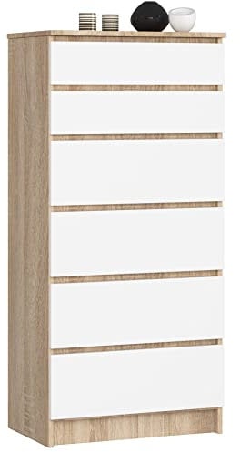 AKORD Kommode K60 mit 6 Schubladen | für das Wohnzimmer Schlafzimmer Schrank Büro Arbeitszimmer | Modernes Funktionales Design | B60 x H130 x T40 cm, Gewicht 43kg | Sonoma Eiche/Weiß